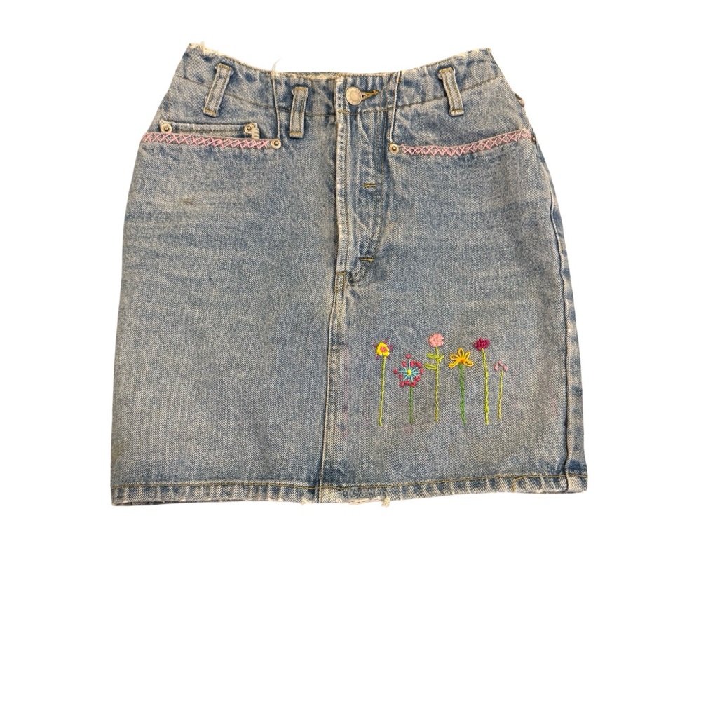 Vintage 80s ESPRIT Denim Mini Skirt Size 24 High Rise Floral Embroidered